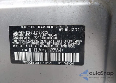 2015 Subaru Impreza 2.0I Premium из США, поврежденный, VIN JF1GPAC67F8225547